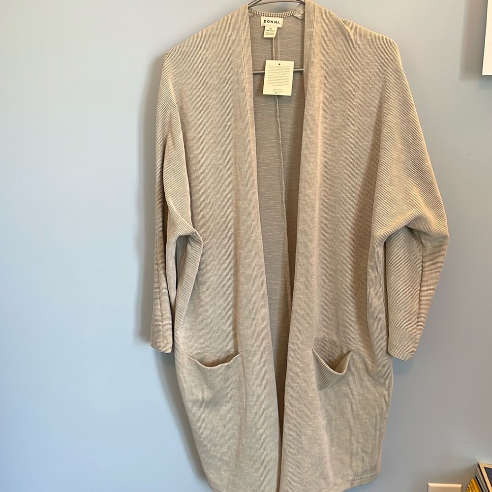 Donni. Womens long open front cardigan neutral colors